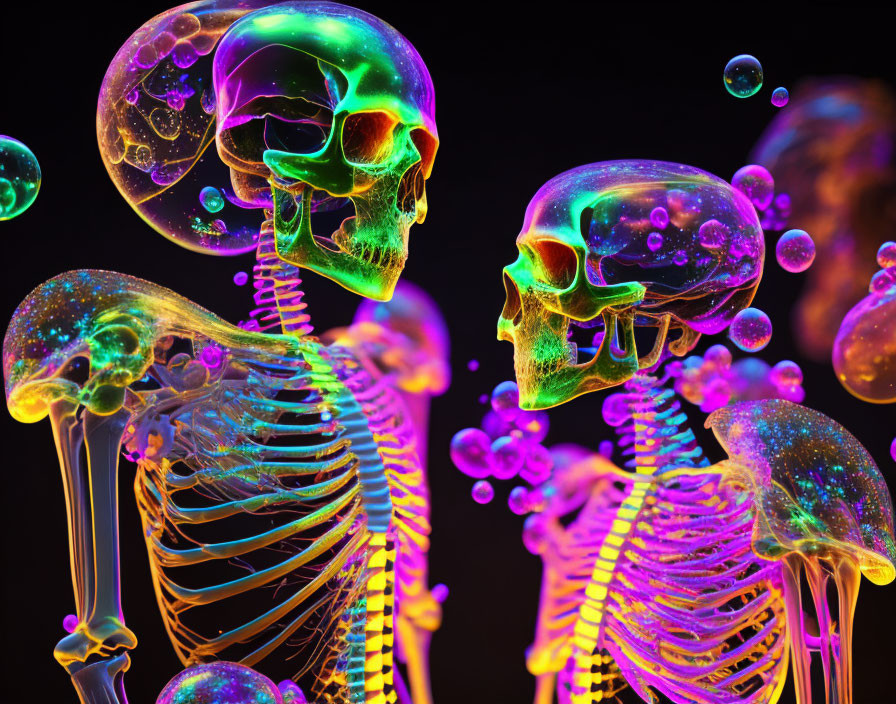 Vibrant translucent skeletal figures with neon highlights on dark background.