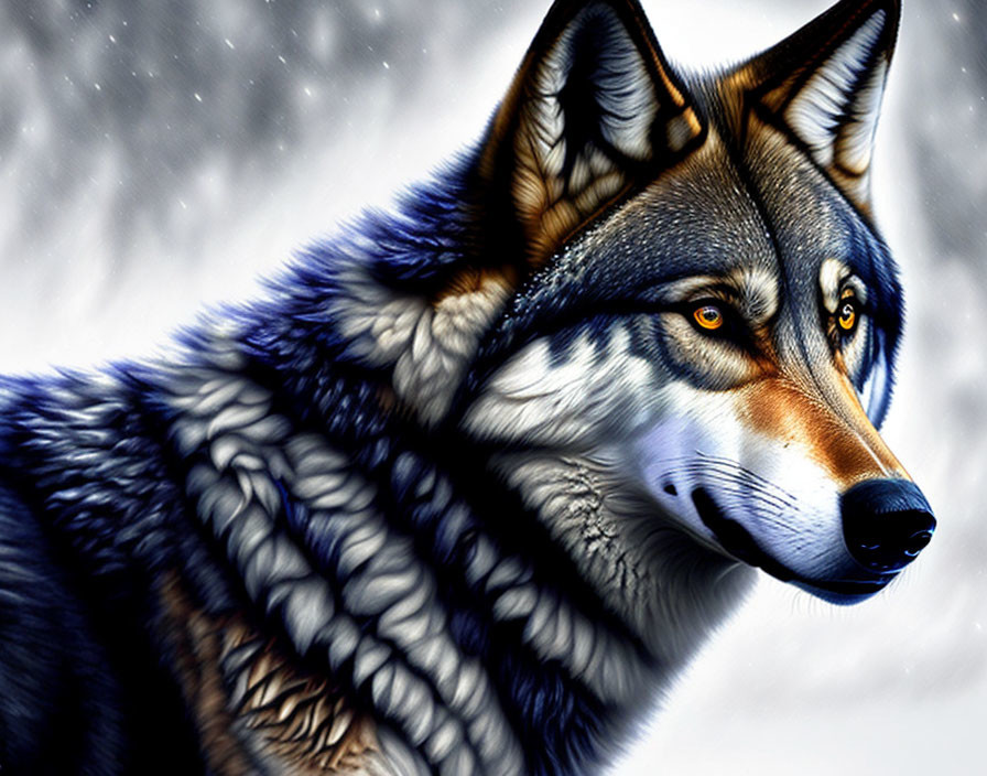 Detailed digital artwork of a wolf in snowy backdrop with piercing eyes