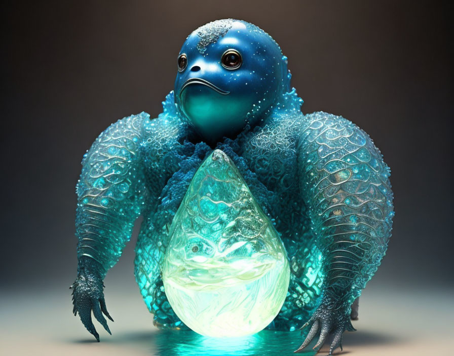 Fantastical blue creature holding glowing teal egg in digital artwork