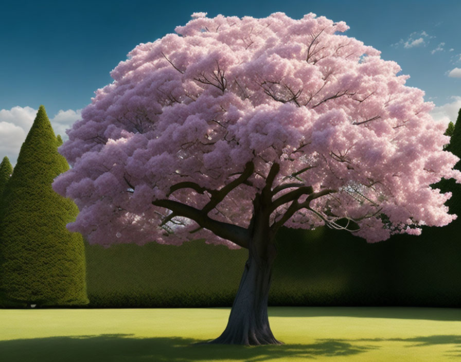 Majestic tree with pink blossoms in tranquil landscape