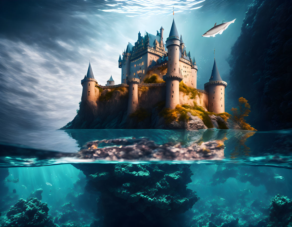 Majestic castle on island cliff with underwater reflection and ship under stormy sky