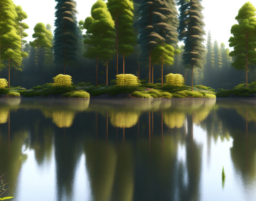 Tranquil lake mirroring tall coniferous trees in misty forest light