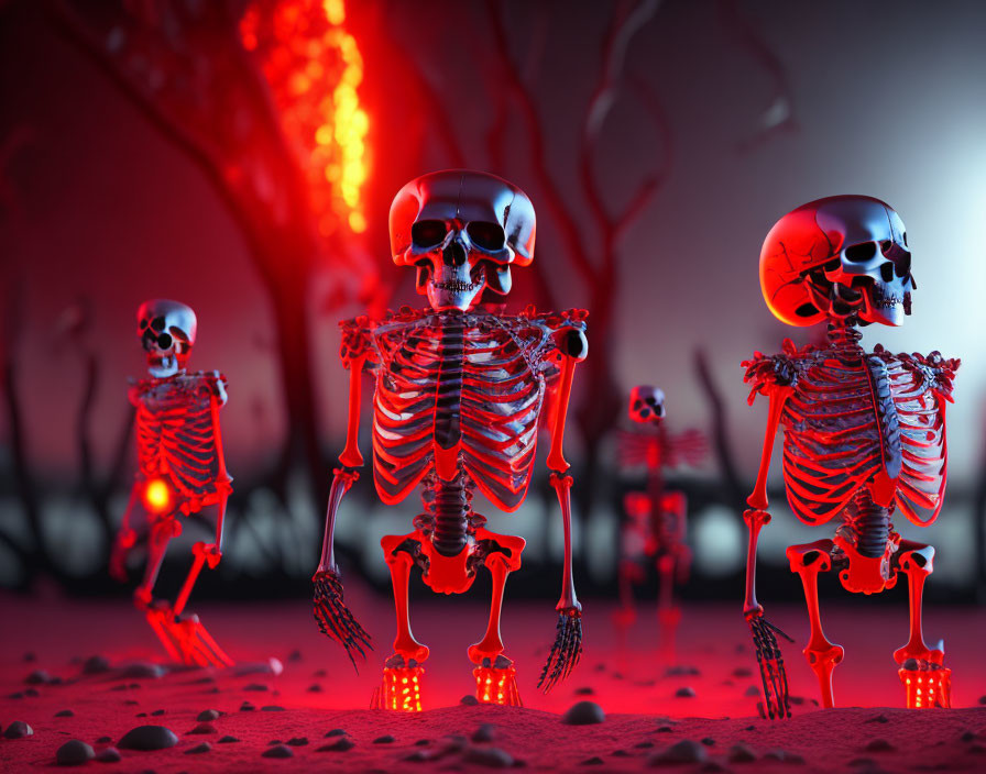 Eerie illuminated skeletons in misty red landscape