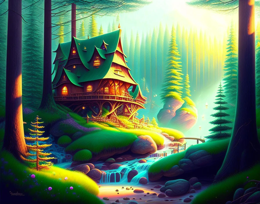 Enchanting forest scene with whimsical house, tall trees, stream, and sunlight.