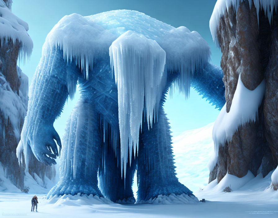 Gigantic ice creature dominates snowy landscape with tiny figures.