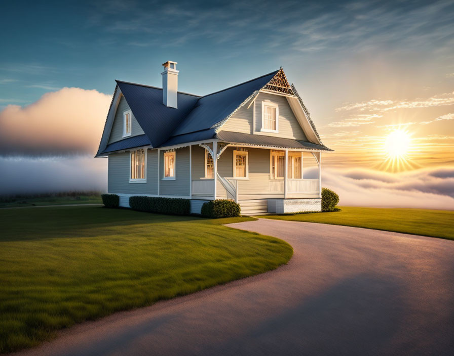 White house with triangular roof on green lawn at dawn with vibrant sunrise and soft clouds