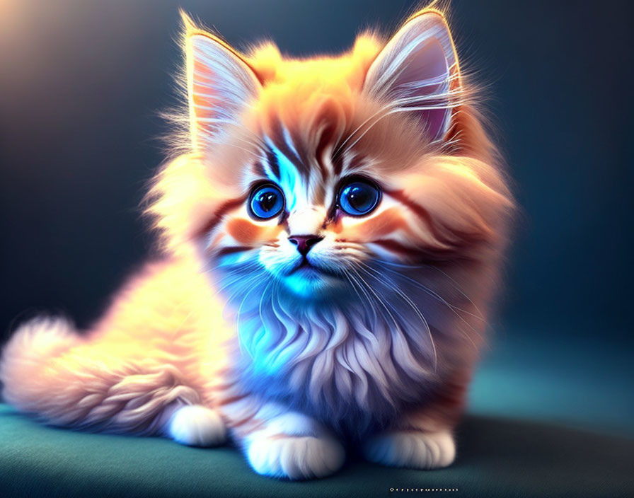 Fluffy orange kitten digital artwork with expressive blue eyes