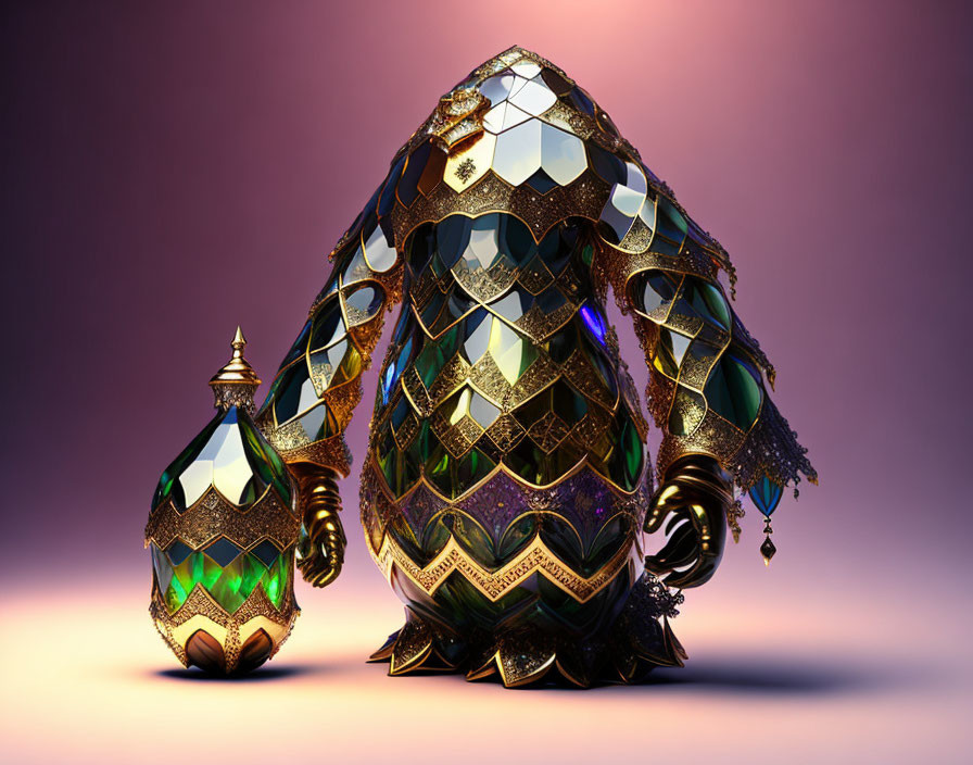 Intricate Metallic Egg-Shaped Objects on Pinkish-Purple Background