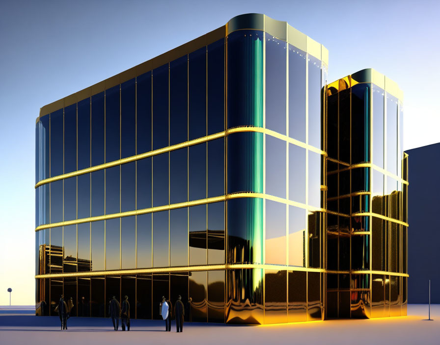 Contemporary glass building with golden accents and reflections under clear skies.