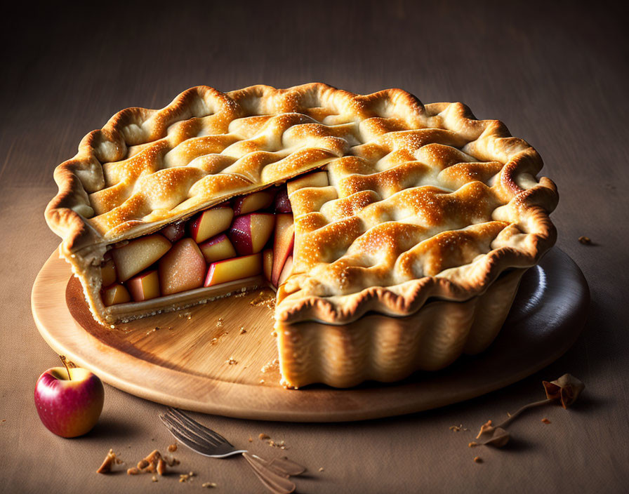 Golden-crusted apple pie on wooden board with slice cut out