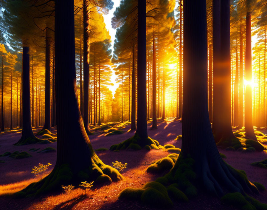 Tranquil forest scene with sunlight filtering through trees