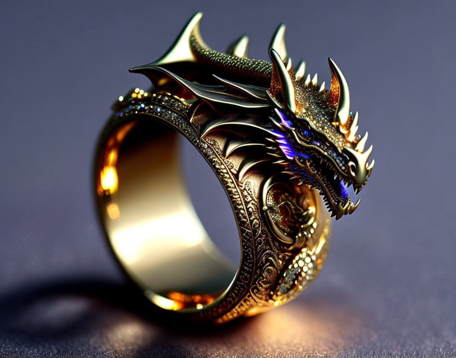 Dragon-shaped Ring with Gold and Black Designs and Blue Accents