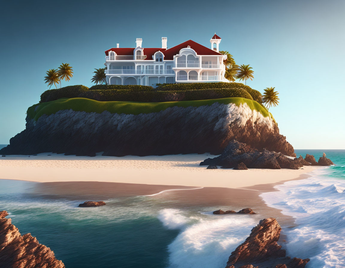 Luxury mansion on cliff with palm trees, beach, and azure sea view