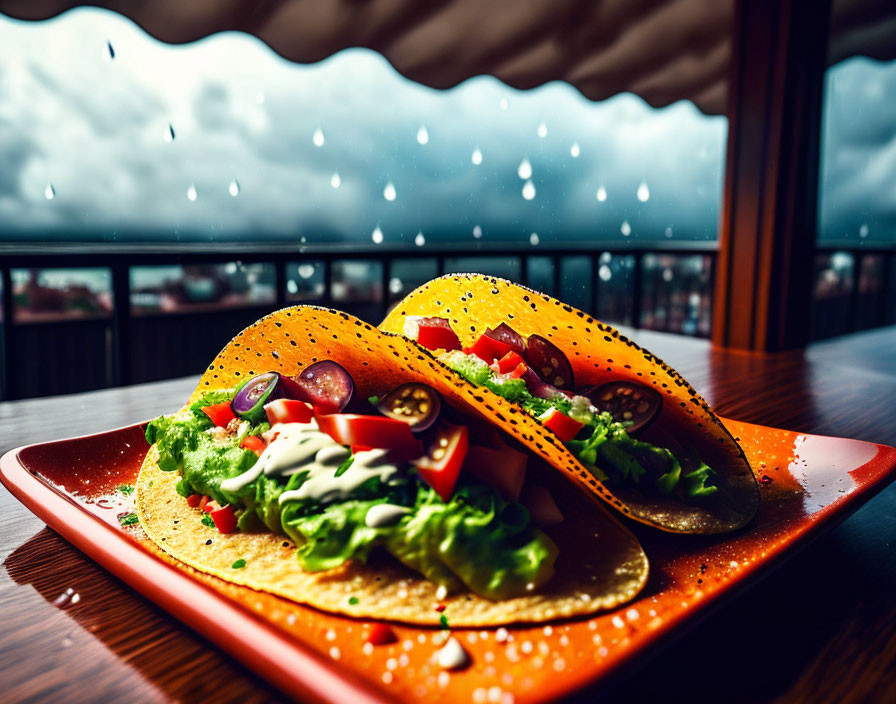 Fresh Tacos on Red Plate Near Rainy Window