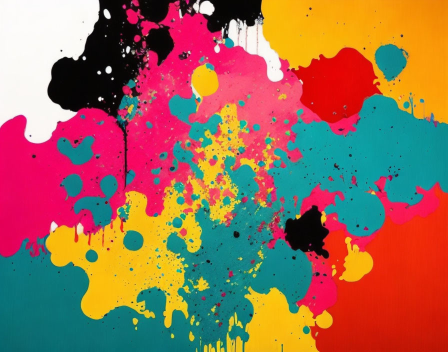 Colorful Abstract Splatter Painting with Pink, Black, Orange, Yellow, and Turquoise