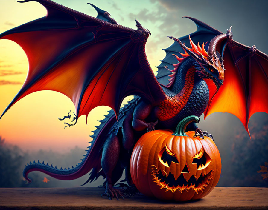 Red and black dragon on pumpkin with flying dragons in dusk sky