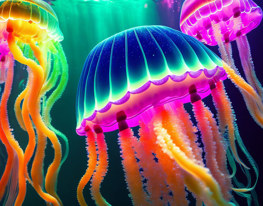 Colorful Glowing Jellyfish in Pink, Orange, and Yellow Under Neon Lights