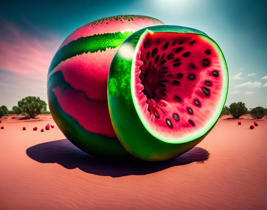 Giant watermelon and slice on desert landscape under blue sky