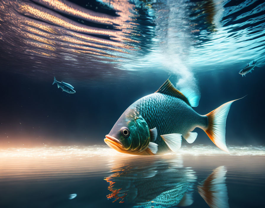 Underwater scene with large fish and sunlight filtering through.