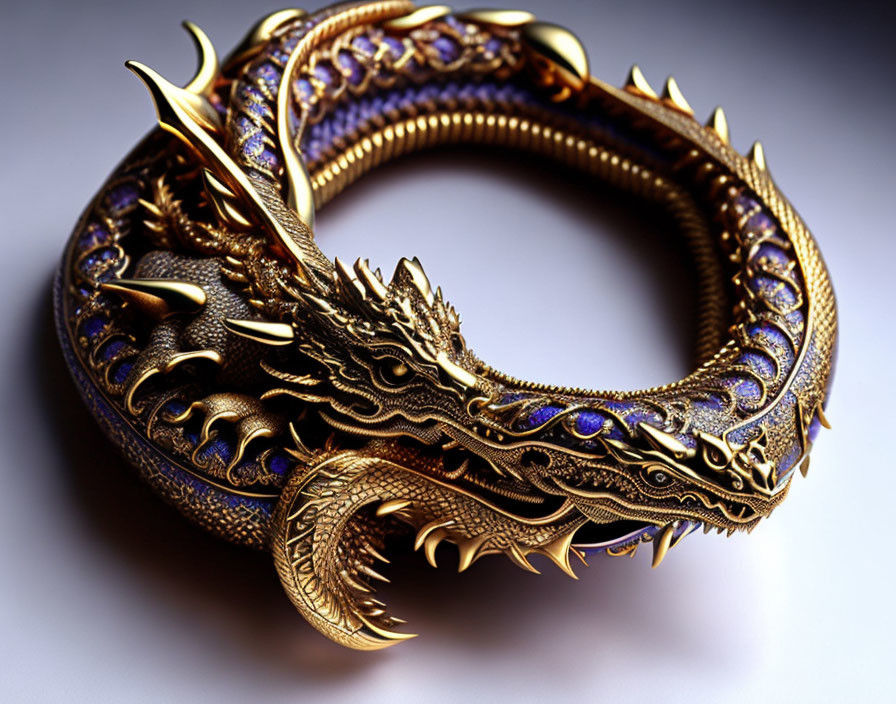 Golden Dragon Bracelet with Intricate Scales and Blue Accents