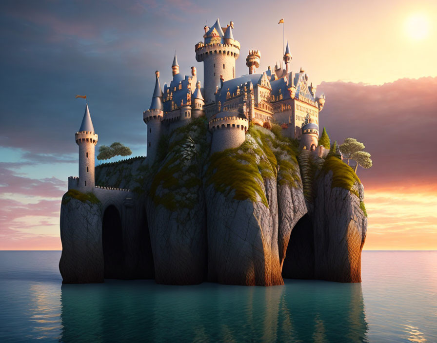 Majestic fairytale castle on rugged cliff at sunset