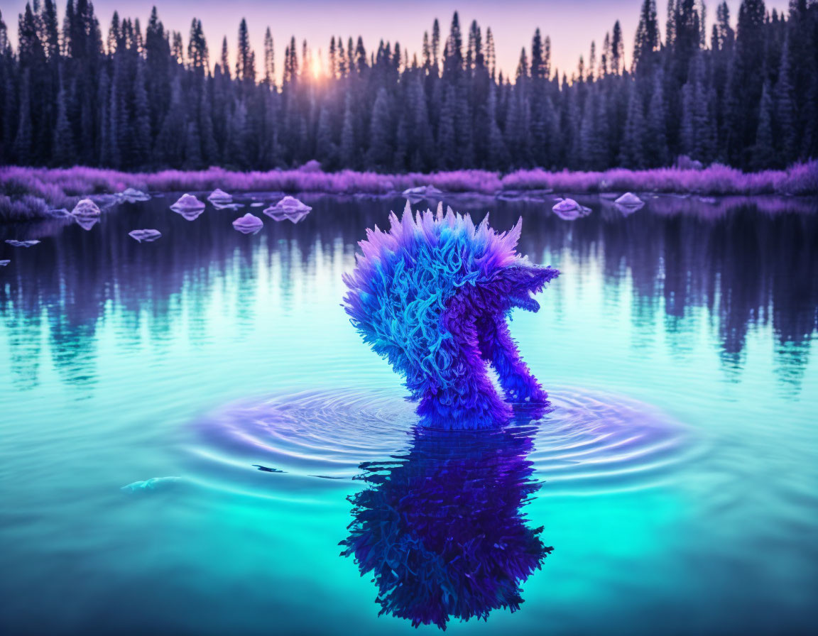 Purple Spiky Creature Emerges from Lake at Sunset