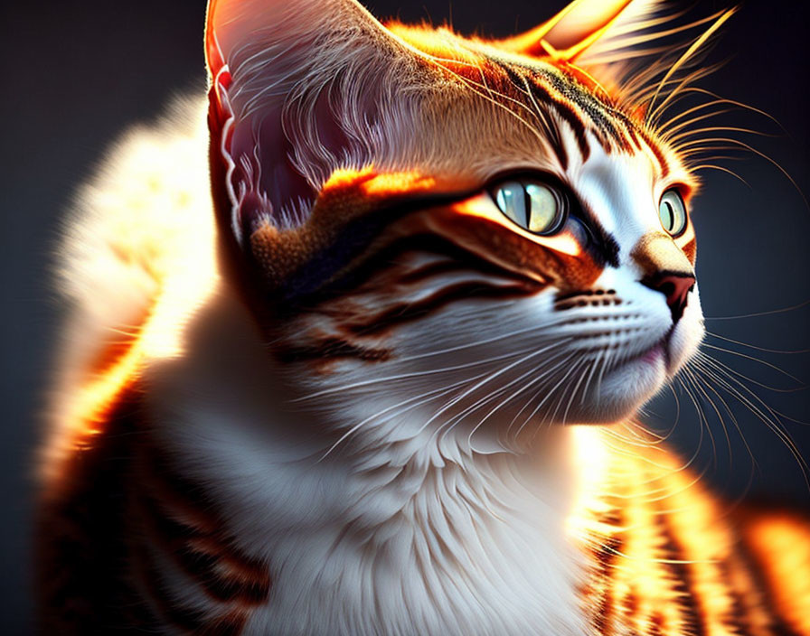 Detailed Digital Art: Orange-Striped Cat with Luminous Eyes on Dark Background