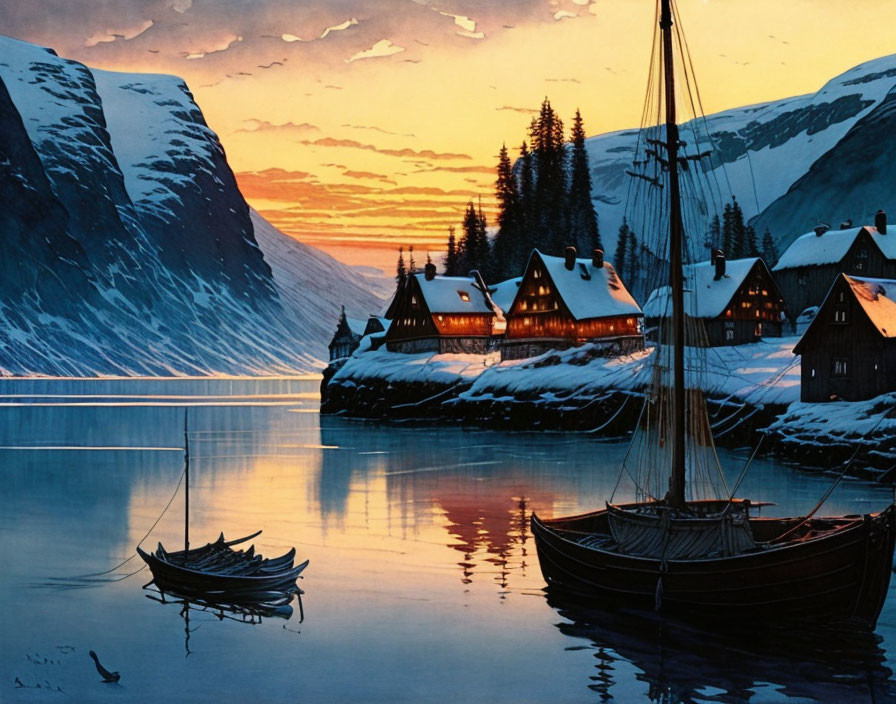 Snow-covered houses and boats under a sunset sky by the water