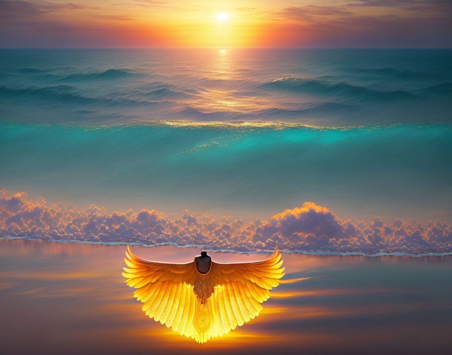 Surreal beach sunset with giant illuminated wings reflecting in sea