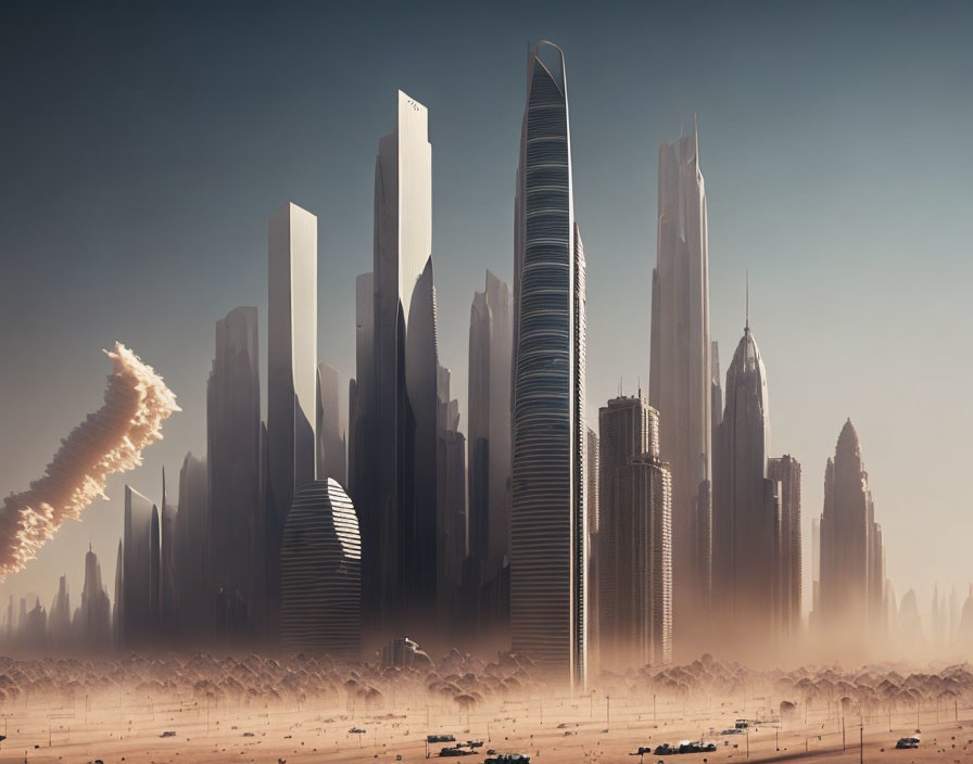 Futuristic cityscape with towering skyscrapers and spiraled tower under hazy skies