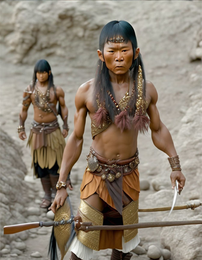 Tribal warriors in fantastical attire with spear and crossed arms