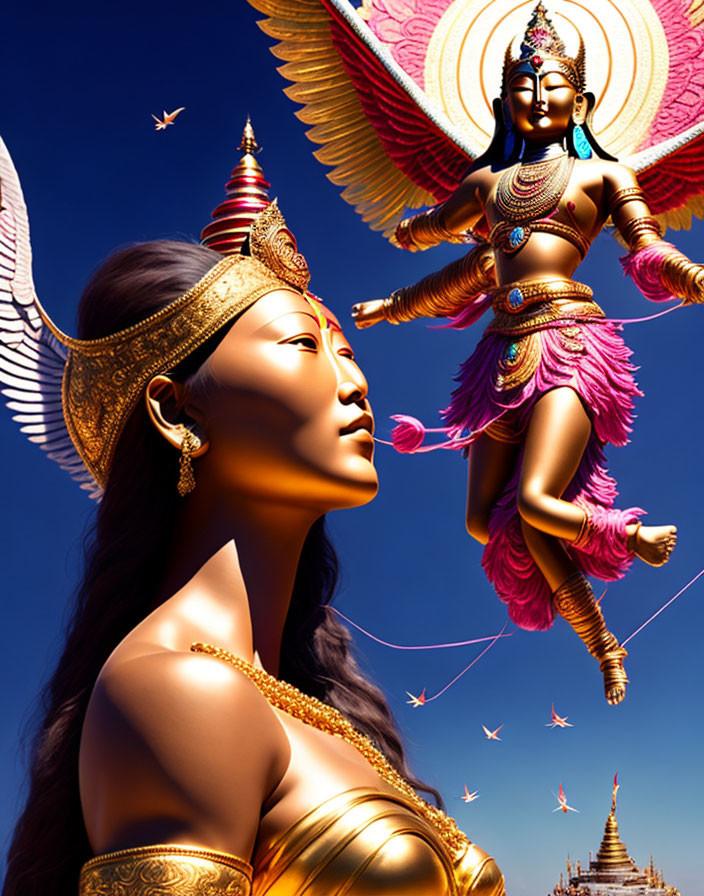 Digital artwork of woman in golden attire with temple and winged deity.