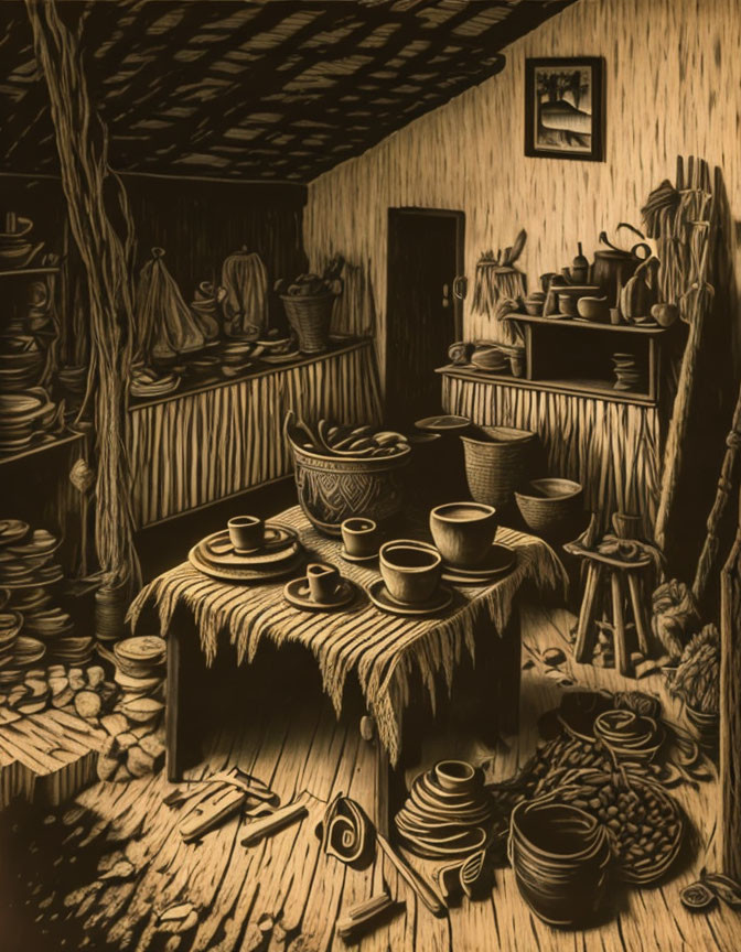 Sepia-Toned Illustration of Cozy Pottery Workshop with Ceramic Pieces