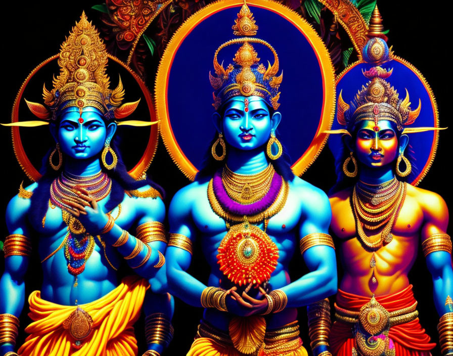 Colorful Hindu deities with multiple arms and halos on dark background