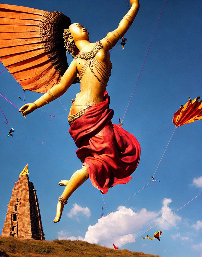 Colorful celestial figure sculpture dancing under blue sky with kites and tower.