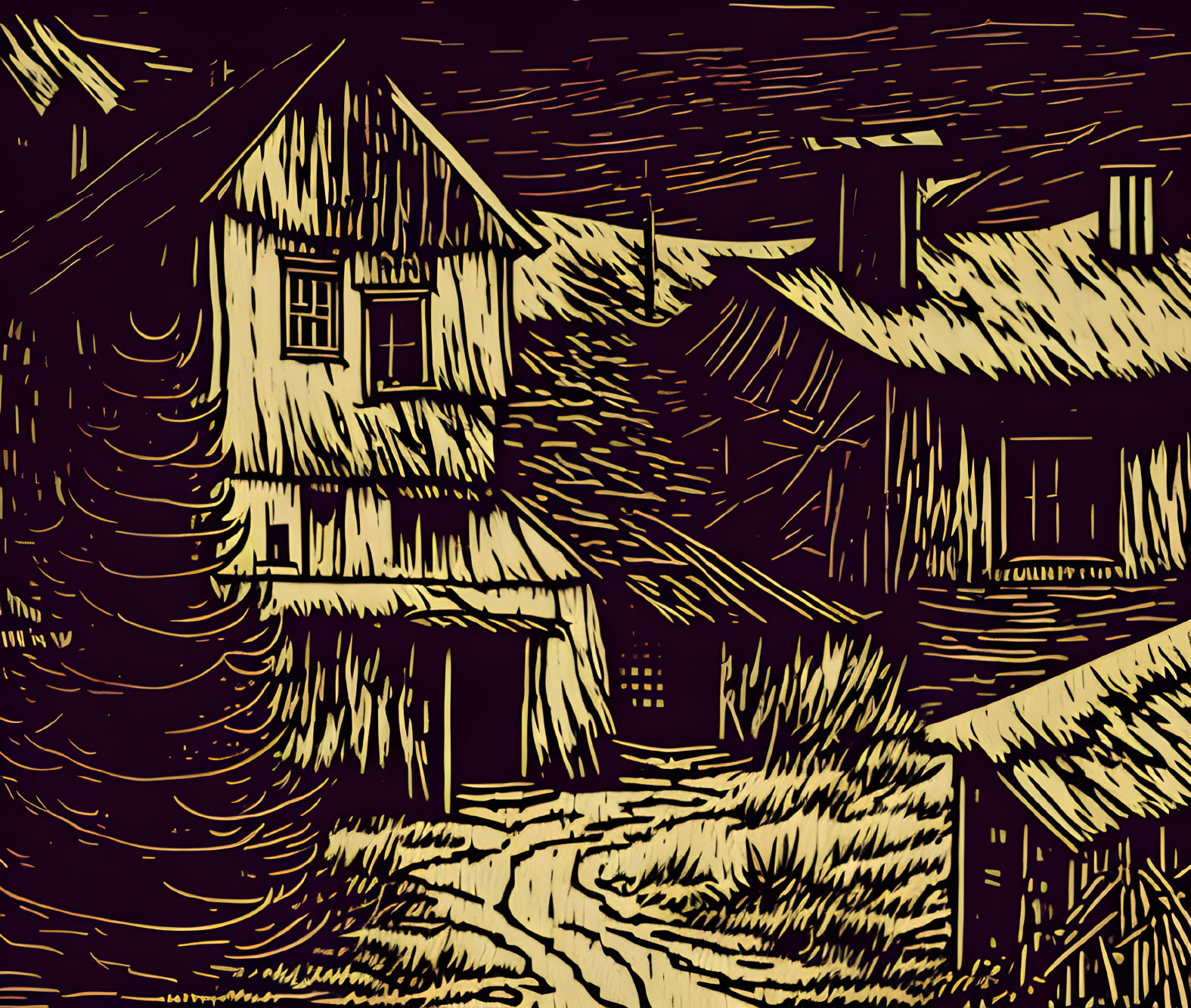 Brown-toned illustration of rustic village with stylized houses and rain-like lines