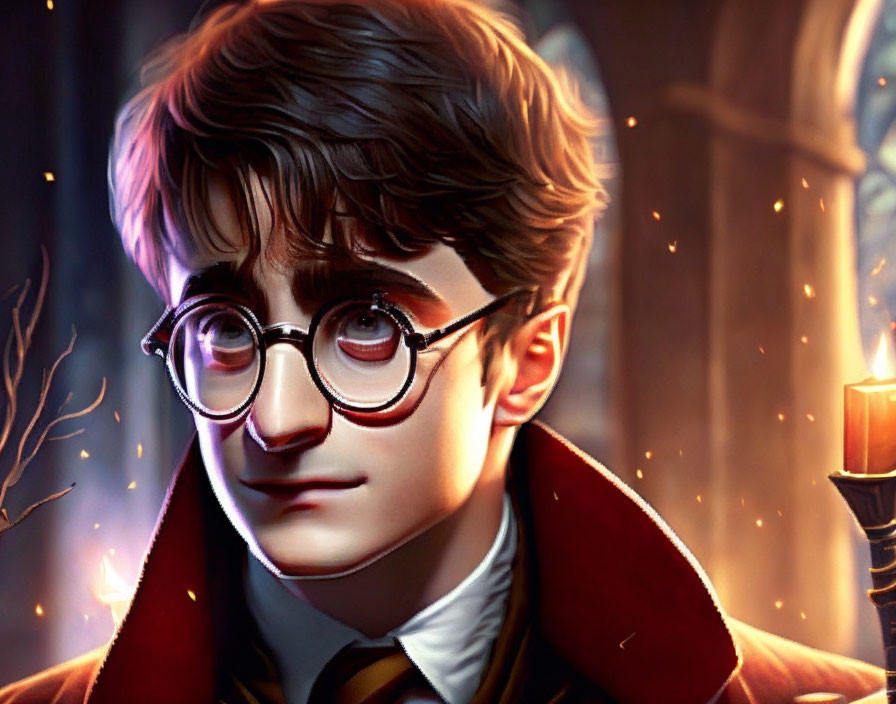 Young wizard with round glasses and scar in magical setting