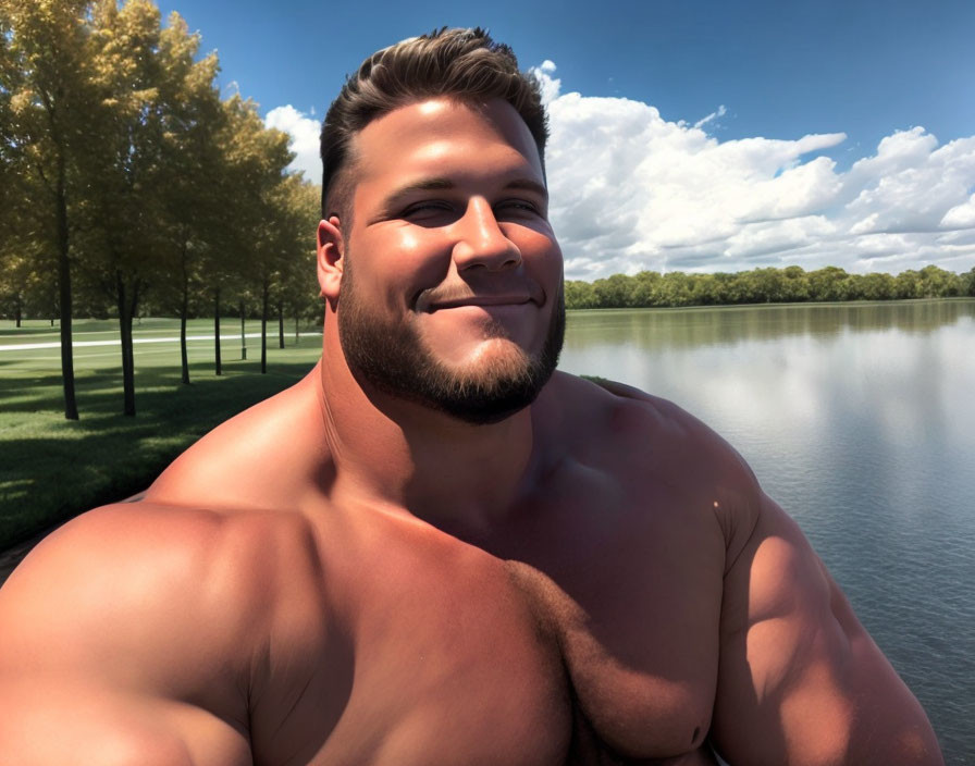 Muscular person taking selfie by serene lake and trees on sunny day