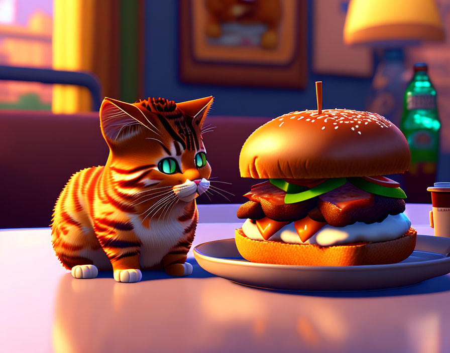 Orange Tabby Cat Staring at Burger and Soda on Table