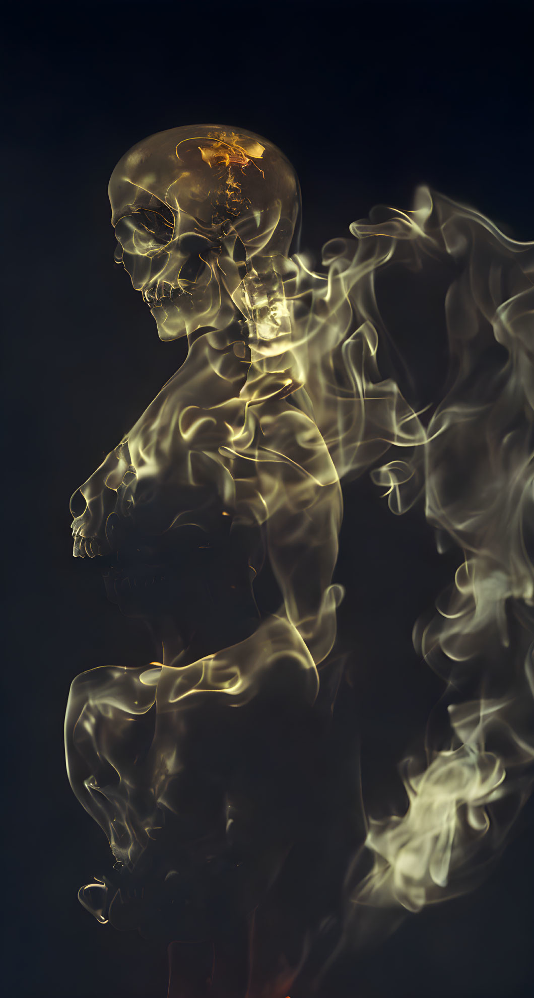 Translucent skull with smoke on dark background