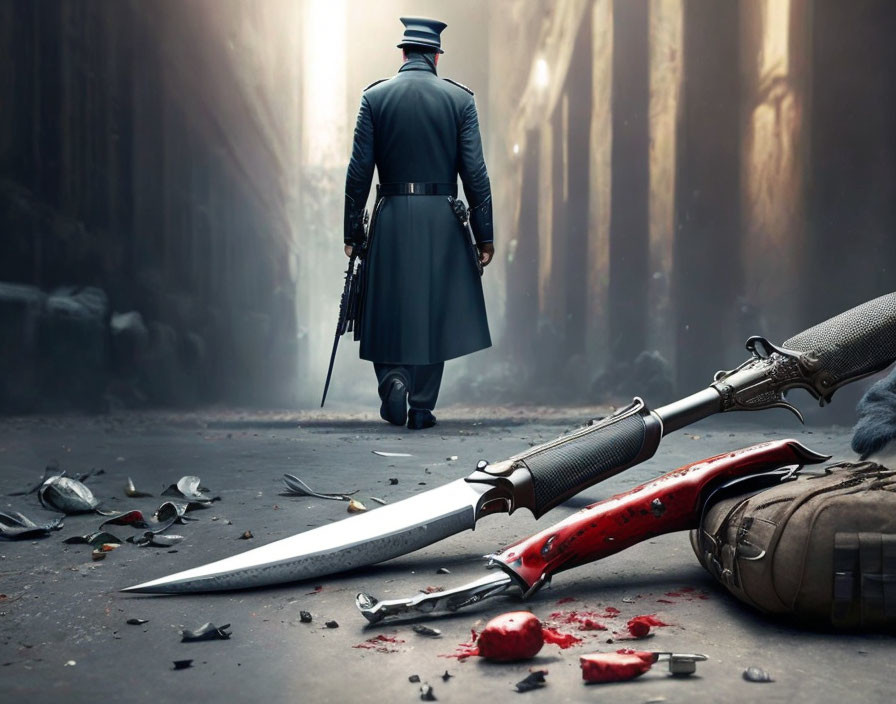 Uniformed officer, fallen soldier, bloodied sword, and discarded helmet on war-torn street.