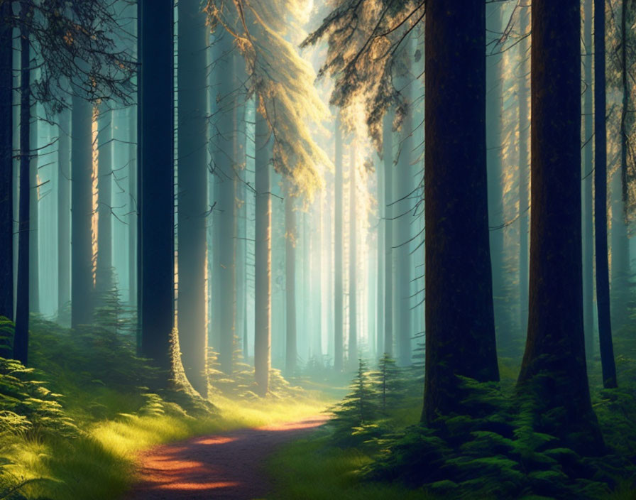 Tranquil Forest Path with Sunlight and Shadows