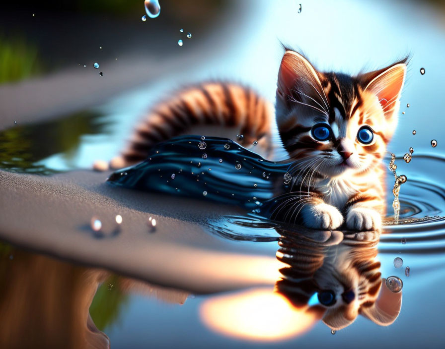 Blue-eyed striped kitten on wet surface with splashing water droplets