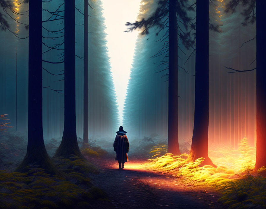 Person standing on forest path surrounded by towering trees and warm glow.