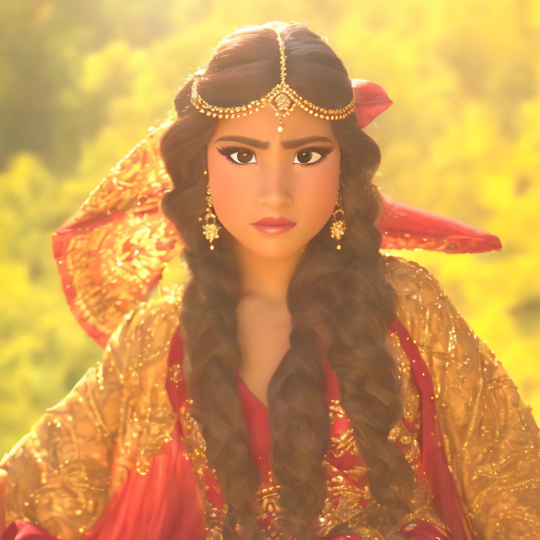 Woman in Golden Jewelry and Red Headpiece Surrounded by Sunlit Yellow Flowers