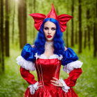 Colorful Jester Costume with Blue Hair in Green Forest