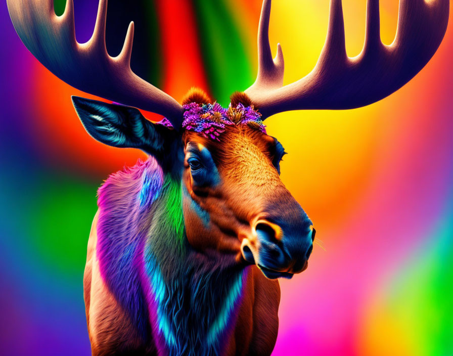 Colorful Moose Portrait with Flower Headband on Rainbow Background