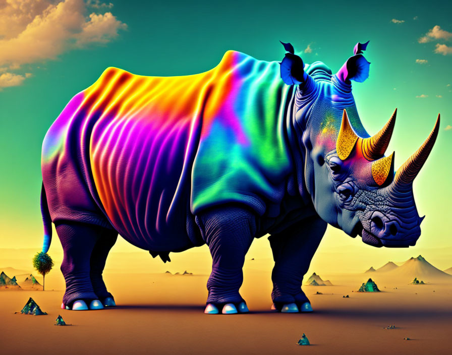 Colorful Rainbow Rhino in Surreal Desert Landscape