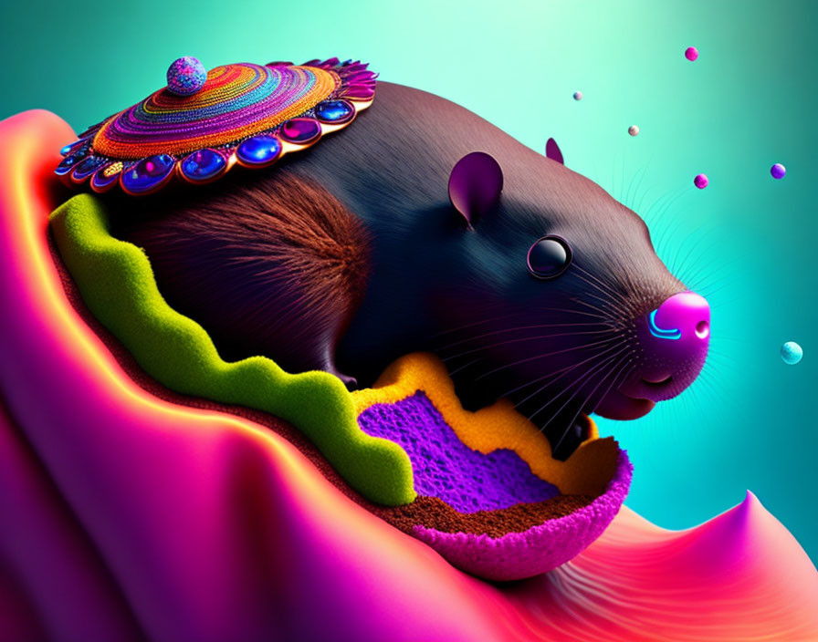 Colorful mole in vibrant attire on gradient background with floating orbs