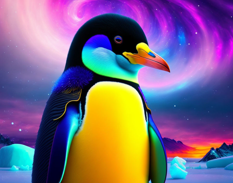 Colorful Penguin Artwork in Neon Tones on Aurora Polar Background